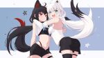  2girls :d ahoge animal_ears arm_around_waist armpits arms_around_neck ass black_hair black_shorts black_thighhighs blue_background blue_eyes blush braid breasts closed_mouth contrapposto crop_top detached_sleeves dual_persona fox_ears fox_tail highleg highleg_panties highres hololive kurokami_fubuki light_blush long_hair long_sleeves looking_at_viewer medium_breasts multiple_girls navel panties ponytail red_eyes shirakami_fubuki shorts side_braid simple_background single_thighhigh smile tail tail_raised telomere thigh_strap thighhighs underwear very_long_hair white_hair wide_sleeves 