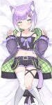  1girl absurdres animal_ears bare_shoulders belt black_shirt black_shorts cat_ears cat_girl cat_tail colored_inner_hair cropped_shirt dakimakura_(medium) gradient_hair green_eyes green_hair highres indie_virtual_youtuber jacket klaius kneehighs long_sleeves looking_at_viewer lying multicolored_hair navel off-shoulder_shirt off_shoulder on_back open_clothes open_jacket parted_lips purple_hair purple_jacket second-party_source shirt short_shorts shorts shwaa single_kneehigh single_sock single_thighhigh socks tail thighhighs virtual_youtuber white_hair white_socks white_thighhighs 