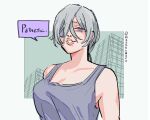  1girl absurdres breasts chainsaw_man eyepatch grey_hair grey_tank_top highres long_hair looking_at_viewer masshumaro medium_breasts parted_lips ponytail quanxi_(chainsaw_man) simple_background solo speech_bubble tank_top twitter_username white_background 