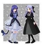  2girls black_bow black_capelet black_dress black_footwear black_socks blue_bow blue_bowtie blue_hair bow bowtie capelet cat_tail commentary crossover dress frederica_bernkastel frilled_dress frilled_sleeves frills hair_bow highres kimleepark1129 len_(tsukihime) light_blue_hair long_hair looking_at_viewer multiple_girls neck_ribbon pointy_ears pom_pom_(clothes) purple_eyes red_eyes ribbon sleeves_past_fingers sleeves_past_wrists socks symbol-only_commentary tail tail_bow tail_ornament tsukihime umineko_no_naku_koro_ni white_ribbon white_socks 