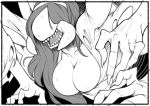  1girl border breasts cleavage dress extra_arms fingernails greyscale hairband highres horns large_breasts long_fingernails long_hair monochrome monster monster_girl open_mouth original sharp_fingernails slugbox solo sweat torn_clothes torn_dress white_border 