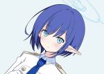  1girl aoi_(blue_archive) blue_archive blue_eyes blue_hair blue_necktie blush closed_mouth collared_jacket dutch_angle earclip epaulettes halo koriyuo looking_at_viewer mole mole_under_eye necktie pointy_ears portrait short_hair simple_background solo sweat 