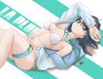  1girl absurdres aqua_nails arknights arm_up bare_shoulders bikini black_eyes black_hair commentary_request goggles goggles_around_neck highres jacket la_pluma_(arknights) la_pluma_(summer_flowers)_(arknights) lanyard nail_polish navel off_shoulder solo stomach superbeek4 swimsuit thigh_strap thighs white_bikini white_jacket 