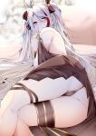  1girl absurdres ahoge ass azur_lane bangs bare_shoulders black_dress black_panties blurry blurry_background blush closed_mouth commentary_request dated_commentary day dress gem hair_between_eyes hair_ribbon highres index_finger_raised long_hair looking_at_viewer lying on_side panties prinz_eugen_(azur_lane) ribbon samip smile solo thigh_strap thighs underwear very_long_hair white_hair 