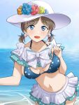  1girl bangs barkhorn0331 bikini bikini_skirt blue_bikini blue_eyes blue_flower breasts collarbone cowboy_shot day dot_nose flower glint hair_bobbles hair_ornament hand_up hat hat_flower highres horizon large_breasts leaning_forward leaning_to_the_side looking_at_viewer love_live! love_live!_sunshine!! low_twintails navel ocean open_mouth orange_flower outdoors parted_bangs short_twintails skirt smile solo star_(symbol) star_print sun_hat swimsuit twintails watanabe_you water white_headwear white_skirt 