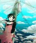  1girl aqua_sky arms_at_sides asahina_hiyori bangs black_eyes black_hair black_shirt blunt_bangs blunt_ends casual cloud cloudy_sky commentary day from_above gradient_sky highres kagerou_project looking_to_the_side medium_hair off-shoulder_shirt off_shoulder outdoors overalls parted_lips pink_overalls pink_skirt power_lines shirt shizu_(9394marimo) skirt sky sleeves_past_elbows solo strap_slip transformer utility_pole 