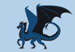  absurd_res ambiguous_gender black_body black_fur black_scales blue_background blue_body blue_scales claws curled_tail curved_horn dragon feral fur hair hi_res horn mane markings pose raised_leg scales scalie sexy_slugu simple_background solo spread_wings vulkaal wings 