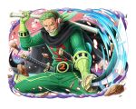  1boy belt gloves green_gloves green_hair green_jumpsuit green_neckerchief grin headphones holding holding_sword holding_weapon jumpsuit katana looking_at_viewer male_focus neckerchief official_art one_piece one_piece_treasure_cruise roronoa_zoro scar scar_across_eye scar_on_face smile sword teeth weapon 