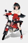  1girl alternate_costume bird_wings black_hair black_skirt black_socks black_wings blush commentary_request contemporary grey_background grin ground_vehicle hat head_tilt highres jacket kneehighs long_sleeves looking_at_viewer medium_hair motor_vehicle motorcycle orange_eyes red_footwear red_headwear red_jacket shameimaru_aya shoes skirt smile socks solo tokin_hat touhou touya_(konpekitou) white_jacket wings 