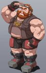  1boy arm_hair bara beard belly biceps black_shorts blush brown_hair brown_tank_top bulge character_request chest_hair crave_saga dwarf facial_hair full_body goggles goggles_on_head gold_necklace hairy jewelry leg_hair looking_at_viewer male_focus mature_male midriff_peek muscular muscular_male mustache navel navel_hair necklace ohma_(00murice) old old_man one_eye_closed pectoral_cleavage pectorals plump ronton_(crave_saga) shoes short_hair shorts sleeveless sleeveless_jacket solo standing tank_top thighs wrinkled_skin 