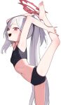  1girl armpits barefoot black_buruma black_sports_bra blue_archive buruma feet halo highres long_hair looking_at_viewer looking_to_the_side mutsuki_(blue_archive) navel open_mouth ponytail red_eyes signalviolet simple_background solo split sports_bra standing standing_on_one_leg standing_split teeth upper_teeth_only very_long_hair white_background 