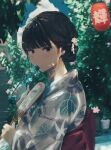  1girl amagami ayatsuji_tsukasa black_hair brown_eyes closed_mouth cloud commentary_request day hair_bun hand_fan highres holding holding_fan japanese_clothes kimono long_sleeves looking_at_viewer looking_to_the_side nape outdoors ramune solo summer summer_festival tenpanco tree yukata 