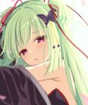  1girl bangs bare_shoulders black_sleeves bloom blunt_bangs blush breasts butterfly_hair_ornament cariboy commentary detached_sleeves eyelashes furrowed_brow green_hair hair_ornament hair_ribbon half-closed_eyes highres hime_cut long_hair looking_at_viewer lying murasame_(senren) on_side open_mouth profile red_eyes red_ribbon ribbon senren_banka sidelocks simple_background sleepy small_breasts solo two_side_up white_background wide_sleeves 
