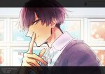  1boy blue_sky cherry_blossoms closed_mouth copyright_name facing_to_the_side finger_to_mouth hanzawa_masato haruzono looking_at_viewer male_focus purple_eyes purple_hair sasaki_to_miyano short_hair shushing sky smile solo window 