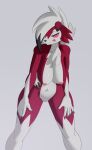  5_fingers anthro areola breasts clawed_fingers female fingers fur generation_7_pokemon genitals hand_on_leg hand_on_thigh hi_res kneadsuru lycanroc midnight_lycanroc multicolored_body multicolored_fur navel nintendo nipples pokemon pokemon_(species) pussy red_body red_eyes red_fur solo standing tongue tongue_out two_tone_body two_tone_fur white_body white_fur 