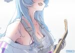  1girl :d absurdres armpits blue_hair bra bra_peek elira_pendora fang guitar head_out_of_frame highres instrument long_hair mole mole_on_armpit nijisanji nijisanji_en off_shoulder open_mouth overalls simple_background skin_fang smile solo sweater taroko3 underwear upper_body white_background 