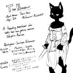  1:1 anthro bare_shoulders barefoot belt bethesda_softworks black_body black_fur breasts cleavage cloak clothed clothing daro&#039;nasi_(sinfullapis) english_text feet felid female fur furgonomics information_section khajiit mammal melee_weapon monochrome scabbard simple_background sinfullapis solo sword text the_elder_scrolls tuna_nirnroot weapon whiskers white_background 