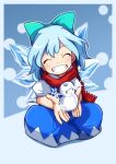  1girl ^_^ bangs blue_bow blue_dress blue_eyes blue_hair bow cirno closed_eyes collared_shirt commentary_request dress flat_chest hair_bow happy ice ice_wings kanisawa_yuuki long_dress pinafore_dress red_scarf scarf shirt short_hair sitting snowman solo touhou white_shirt wings 