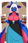  2_horns absurd_res alcohol anthro barely_contained beer beer_mug beverage big_breasts black_sclera blue_body blue_scales breasts cleavage clothed clothing dragon dress fangs female gem hair hi_res holding_mug holding_object horn kloudmutt mug multicolored_clothing oliessa_gemhorn open_mouth purple_tongue red_body red_scales scales solo tail teeth teeth_showing tongue underbelly white_hair wingless_dragon yellow_eyes 