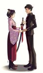  1boy 1girl ace_attorney bangs_pinned_back black_hair black_jacket black_pants boots brown_footwear buttons closed_eyes closed_mouth from_side full_body giving hair_ornament hair_ribbon hair_rings hakama hakama_skirt hallo-byby holding jacket japanese_clothes katana kimono long_sleeves looking_at_another pants pink_kimono red_skirt ribbon ryunosuke_naruhodo shoes short_hair simple_background skirt standing susato_mikotoba sword the_great_ace_attorney updo weapon white_background wide_sleeves yellow_ribbon 