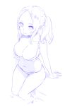  1girl absurdres bra breasts closed_mouth enkyo_yuuichirou highres large_breasts looking_at_viewer monochrome original panties pointy_ears purple_theme simple_background sitting solo twintails underwear wading white_background 