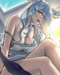  1girl aburi_rare aqua_eyes blue_hair breasts camisole cleavage elira_pendora from_below head_wings highres long_hair looking_at_viewer looking_down medium_breasts mole mole_on_armpit nijisanji nijisanji_en open_mouth sitting solo virtual_youtuber white_camisole 
