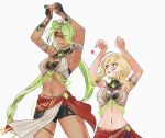  2girls aoiabyss armpits arms_up artist_name bike_shorts blindfold blonde_hair breasts commentary cosplay dancing dark-skinned_female dark_skin english_commentary eremite_floral_ring-dancer_(genshin_impact) eremite_floral_ring-dancer_(genshin_impact)_(cosplay) genshin_impact green_hair groin heart height_difference highres long_hair looking_at_another lumine_(genshin_impact) medium_breasts midriff multiple_girls navel open_mouth pelvic_curtain red_blindfold smile very_long_hair yellow_eyes 