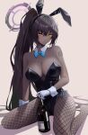  1girl animal_ears bare_shoulders black_hair black_leotard blue_archive blue_bow blue_bowtie bottle bow bowtie breasts brown_background cleavage closed_mouth dark-skinned_female dark_skin detached_collar essukaa_(e-su) fake_animal_ears fishnet_pantyhose fishnets gloves hair_between_eyes halo highres holding holding_bottle karin_(blue_archive) karin_(bunny)_(blue_archive) large_breasts leotard long_hair looking_at_viewer official_alternate_costume pantyhose playboy_bunny ponytail rabbit_ears shoulder_tattoo simple_background sitting solo tattoo thighs very_long_hair wariza white_gloves yellow_eyes 