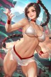  1girl avatar:_the_last_airbender avatar_legends bikini bikini_skirt blurry blurry_background braid braided_ponytail breasts brown_eyes brown_hair cleavage neoartcore see-through single_braid smile solo sweat swimsuit thigh_gap thighs toned ty_lee white_bikini wind wristband 