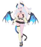  1girl absurdres arms_at_sides asymmetrical_legwear bangs black_bra black_skirt blue_eyes blue_nails bra breasts cleavage closed_mouth demon_girl_with_ponytail_(enkyo_yuuichirou) demon_tail demon_wings enkyo_yuuichirou hair_between_eyes highres horns large_breasts long_hair long_sleeves looking_at_viewer low_wings microskirt off_shoulder original ribbon-trimmed_sleeves ribbon_trim shoes simple_background single_sock single_thighhigh skirt socks solo standing sweater tail thighhighs underwear uneven_legwear white_background white_hair wings 