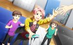  3boys ahoge blue_eyes brown_eyes brown_hair fingernails green_shirt hand_up high_collar highres idolmaster idolmaster_side-m idolmaster_side-m_live_on_stage! indoors jacket kabuto_daigo male_child male_focus multiple_boys official_art open_clothes open_jacket out_of_frame pink_hair purple_shirt shirt teeth third-party_source upper_teeth_only 