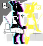  2019 abstract_background anthro black_body black_fur bottomwear cay_(toxoglossa) check_mark clothed clothing duo egyptian_mythology eyebrows forked_tail fur head_tuft male middle_eastern_mythology midriff mythology navel off_shoulder open_mouth set_(species) shirt shorts sitting sleeveless_shirt speech_bubble tail topwear toxoglossa tuft unusual_anatomy unusual_tail white_bottomwear white_clothing white_shirt white_shorts white_topwear yellow_body yellow_fur 