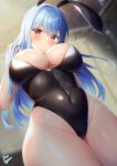  1girl absurdres animal_ears arm_behind_back artist_name bangs black_leotard blue_hair blurry blurry_background blush breasts closed_mouth commentary_request covered_navel cowboy_shot dolphin_wave dutch_angle fake_animal_ears fingernails from_below groin hair_between_eyes hair_intakes hand_in_own_hair hand_up head_tilt highleg highleg_leotard highres indoors large_breasts leotard light_particles light_smile long_hair looking_at_viewer looking_down nayuki_hiori pinesphere pink_eyes playboy_bunny rabbit_ears solo standing strapless strapless_leotard 