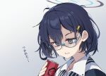  1girl ao12073010 bags_under_eyes black_hair blue_archive can canned_coffee chihiro_(blue_archive) empty_eyes exhausted glasses gradient_background grey_eyes halo highres messy_hair 