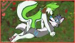  absurd_res anthro black_nose blue_body blue_fur blue_nose canid canine canis digital_media_(artwork) domestic_dog fidget_the_fox fox fur green_body green_eyes grey_body grey_fur hi_res huffels_artz husky kyro_the_husky male male/male mammal nordic_sled_dog pawpads pink_pawpads simple_background smile spitz white_body white_fur 