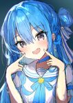  1girl absurdres blue_choker blue_eyes blue_hair blush choker finger_to_cheek hair_bun highres hololive hoshimachi_suisei long_hair looking_at_viewer open_mouth sailor smile terra_bose virtual_youtuber 