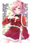  1girl absurdres alternate_costume artist_name bangs belt blurry blurry_background blush border bow bowtie breasts capelet christmas christmas_tree closed_mouth collarbone doki_doki_literature_club dress drill_hair fingernails fur_trim green_bow green_bowtie grey_belt grey_sky hair_bow hair_ornament hairpin hand_on_own_chest hand_up highres large_breasts lights long_fingernails long_sleeves looking_at_viewer mandarin_collar medium_breasts mi_tarou0412 nail_polish natsuki_(doki_doki_literature_club) night night_sky outdoors outside_border pink_eyes pink_hair pink_nails pom_pom_(clothes) puffy_long_sleeves puffy_sleeves red_bow red_capelet red_dress short_hair sky smile solo sparkle standing two_side_up watermark white_border 