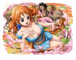  1girl 2boys black_hair breasts brown_hair cleavage japanese_clothes kimono long_hair multiple_boys official_art one_piece one_piece_treasure_cruise open_mouth orange_hair sanji_(one_piece) short_hair teeth tongue tongue_out 