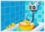  arms_up bathing bathtub border closed_eyes commentary_request highres indoors iron_bundle no_humans pokemon pokemon_(creature) psyduck rubber_duck saiku_(zvlku) solo tile_wall tiles water white_border 