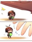  1girl ant antennae black_pants black_sleeves brown_eyes brown_footwear brown_hair bug chibi commentary commission dot_nose flying_sweatdrops full_body green_footwear hair_between_eyes harumi_namau highres holding kneeling legs_apart long_sleeves looking_up multicolored_eyes object_hug open_mouth orange_eyes original pants personification puffy_cheeks scared shaking shoes simple_background skeb_commission solo standing symbol-only_commentary translation_request white_background 