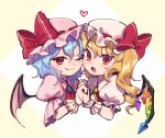  2girls ascot bangs bat_wings black_wings blonde_hair blue_gemstone blue_hair bow brooch cheek-to-cheek closed_mouth crystal fang fang_out flandre_scarlet gem hair_between_eyes hat hat_bow heads_together holding_hands jewelry light_blue_hair long_hair mob_cap multiple_girls open_mouth pink_headwear pink_wings puffy_short_sleeves puffy_sleeves red_ascot red_bow red_eyes red_vest remilia_scarlet ribbon-trimmed_headwear ribbon_trim short_hair short_sleeves siblings side_ponytail sisters skin_fang smile touhou two-tone_wings ukata vest white_headwear wings yellow_ascot 