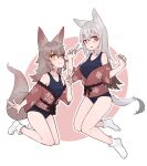  2girls :o animal_ears bangs bare_shoulders black_one-piece_swimsuit breasts brown_hair closed_mouth collarbone commentary_request facial_mark fox_ears fox_girl fox_tail grey_hair hair_between_eyes hand_up hands_up long_hair long_sleeves medium_breasts multiple_girls no_shoes old_school_swimsuit one-piece_swimsuit original outline parted_lips pink_background red_eyes school_swimsuit shako_(syakoba3) small_breasts smile socks swimsuit swimsuit_under_clothes tabi tail two-tone_background v very_long_hair white_background white_outline white_socks yellow_eyes 