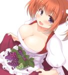  1girl apron bangs blush breasts cafe_stella_to_shinigami_no_chou cleavage clothes_lift collarbone commentary_request dutch_angle eyelashes food frilled_apron frills from_above fruit grapes hair_between_eyes hair_ribbon large_breasts leaf long_hair looking_at_viewer open_mouth orange_hair puffy_short_sleeves puffy_sleeves purple_eyes raised_eyebrows red_skirt ribbon shirt short_sleeves sidelocks simple_background skirt skirt_lift smile solo sumizome_nozomi tatsuya_(trypaint) twintails white_apron white_background white_ribbon white_shirt 