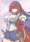  1girl alear_(female)_(fire_emblem) alear_(fire_emblem) alternate_breast_size armor bangs blue_eyes blue_hair braid breasts crossed_bangs crown_braid fire_emblem fire_emblem_engage gloves heterochromia highres large_breasts long_hair looking_at_viewer multicolored_hair red_eyes red_hair solo split-color_hair thighhighs thighs tiara two-tone_hair ug333333 very_long_hair 