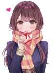  1girl :o banirario blazer blush brown_hair commentary gift heart highres jacket long_hair long_sleeves scarf school_uniform simple_background solo upper_body valentine white_background winter 