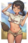  1girl :o absurdres animal antenna_hair arm_up bangs bird black_hair blue_sky blush border brown_eyes brown_shorts buttons cloud commentary cowboy_shot crop_top day dress_shirt driftingtiger english_commentary hand_up highres kiwi_(bird) looking_at_viewer low_ponytail luminous_witches manaia_matawhaura_hato midriff motion_blur navel open_mouth outside_border photo-referenced ponytail shirt short_shorts short_sleeves shorts sidelocks sky stomach thighs white_border white_shirt world_witches_series 