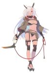  1girl arms_at_sides bangs black_panties blade_horns breasts brown_capelet capelet enkyo_yuuichirou hair_over_one_eye highres holding holding_weapon horns knee_pads kusarigama_(enkyo_yuuichirou) long_hair looking_at_viewer medium_breasts original panties parted_lips red_eyes simple_background solo standing thigh_strap underwear weapon white_background white_hair 