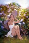  1girl arms_up bare_arms bare_shoulders barefoot blue_eyes bottomless collarbone dark-skinned_female dark_skin dress eden_(shiroki_yuutsu) feet floral_background flower forehead full_body grass hat highres legs legs_together long_hair looking_at_viewer open_mouth original outdoors sitting solo sun_hat teeth upper_teeth_only white_dress 