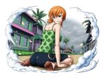  1girl building crying crying_with_eyes_open facing_away green_shirt high_heels kneeling looking_at_viewer looking_back nami_(one_piece) official_art one_piece one_piece_treasure_cruise orange_hair palm_tree shirt short_hair solo tears town tree 