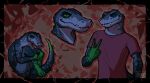  abstract_background alligator alligatorid anthro blue_body blue_skin bust_portrait clothed clothing colored colored_sketch crocodilian curled_up digital_drawing_(artwork) digital_media_(artwork) duo eyes_closed fetal_pose gesture green_body green_eyes green_skin half_body hi_res looking_at_viewer male male/male nude portrait reptile scales scalie shaded shirt sinser sinser_(character) sketch smile teeth_showing teeth_visible topwear v_sign 